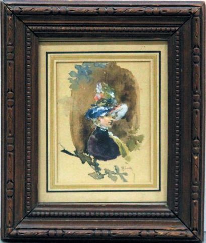 Henry SOMM (Rouen, 1844-Paris, 1907) Jeune femme au chapeau fleuri Aquarelle, signée...