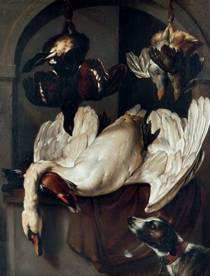 Matheus BLOEM, XVIIe siècle Retour de chasse au cygne Huile sur toile, signée en...