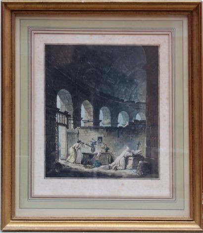 JB MORRET d'après Hubert ROBERT, XVIIIe siècle L'ermite du Colisée Gravure en couleur....