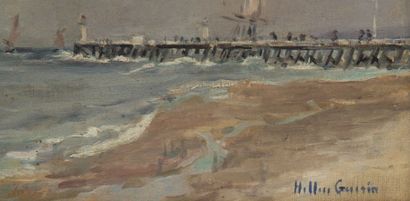 Jean HELLEU-GUERIN (1894 - 1985) La jetée par mer forte. Huile sur toile signée en...