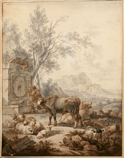 Jakob ROSA dit ROSA de NAPOLI (Rome, 1682 - Naples, 1730) PAYSAGE MONTAGNEUX AU TROUPEAU...