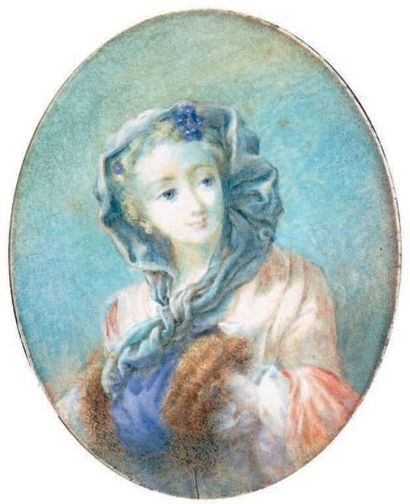 Ecole française dans le goût du XVIIIe siècle PORTRAIT DE FEMME AU FOULARD BLEU ET...