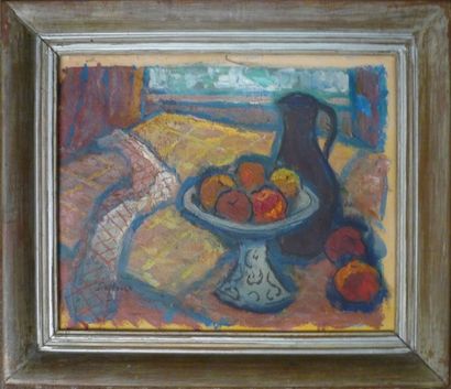 Paul SCORTESCO (1895 - 1976) Nature morte au compotier de fruit.
Huile sur papier,...