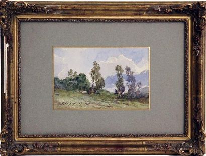 Henri Joseph HARPIGNIES (1819 - 1916)  Paysage aux peupliers.
Aquarelle, signée en...