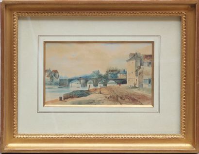 ECOLE FRANCAISE DU XIXème siècle Vue d'un pont.

Aquarelle sur papier.

Haut. : 15...