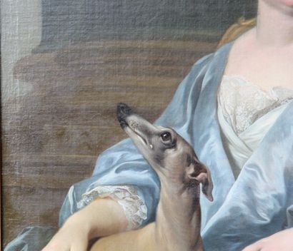 Louis Michel Van LOO (1707-1771) PORTRAIT D'UNE JEUNE FEMME TENANT UNE LEVRETTE SUR...