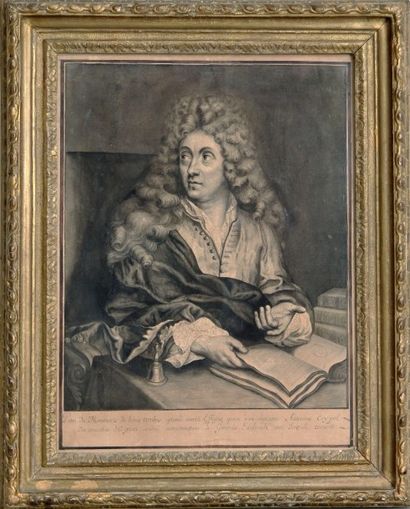 Attribué à EDELINCK, vers 1700 Portrait d'un homme en perruque, un livre ouvert d'après...
