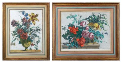 D'après J. BAPTISTE, XVIIIe siècle BOUQUETS FLEURIS Deux gravures en couleurs. (Restaurations)....