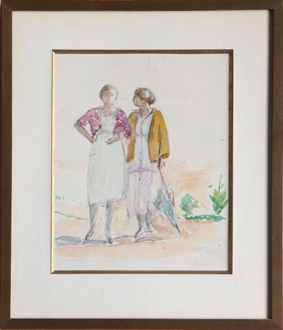 Henri LEBASQUE (1865-1937) DEUX FEMMES MARCHANT Dessin aux crayons et rehauts d'aquarelle,...