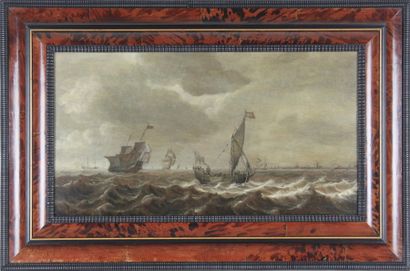 Pieter COOPSE (1638-1673) MARINE PAR TEMPS DE HOULE Huile en grisaille sur panneau...