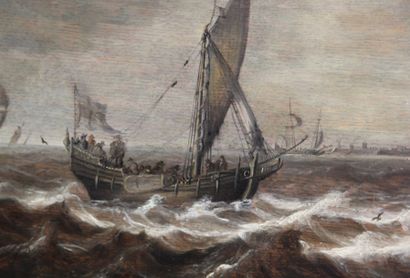 Pieter COOPSE (1638-1673) MARINE PAR TEMPS DE HOULE Huile en grisaille sur panneau...