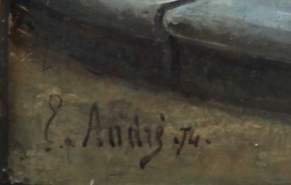 Edmond ANDRÉ (1837-1877) DEUX INCROYABLES AU PIED D'UNE STATUE Huile sur panneau...