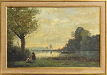 Maurice MALLET, XIXe- XXe siècle, d'après COROT PAYSAGE D'ÉTANG À LA BARQUE Huile...