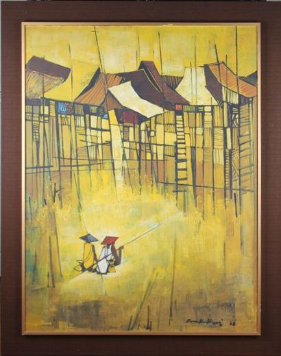 TAY BAK KOI (1939-2005) FISHING Huile sur toile, signée et datée 68 en bas à droite....