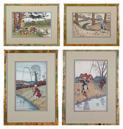 D'après Harry ELIOTT Scènes de pêche Cinq gravures polychromes. Haut.: de 20 cm à...