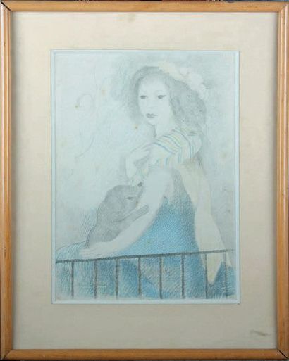 D'après Marie LAURENCIN Jeune femme au balcon, tenant un chien Lithographie en couleurs,...