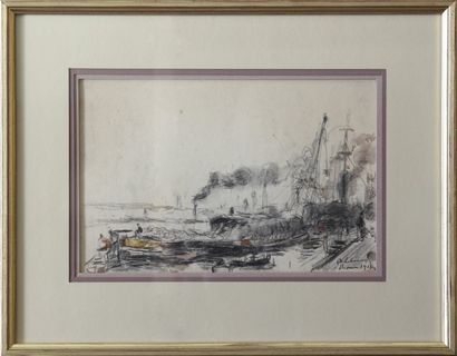 ALBERT LEBOURG (1849-1928) 
QUAI À ROUEN Dessin au fusain et rehauts d'aquarelle...