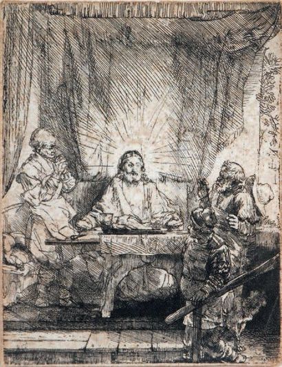 D'apres REMBRANDT van RIJN Christ à Emmaüs Gravure en noire, signée et datée 1654...