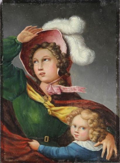 Ecole FRANÇAISE vers 1830 
Jeune femme au chapeau et plumes d'autruches et enfant
Huile...