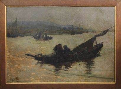 JEAN FRANCOIS RAFFAELLI (1850-1924) 
Pêcheurs au clair de Lune
Huile sur toile, signee...