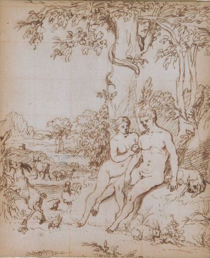 ECOLE DU XVIIe SIÈCLE 
Adam et Eve
Dessin a la plume, probablement dessin preparatoire...