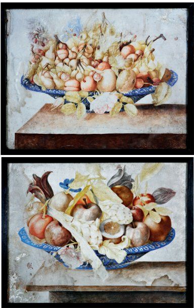 ÉCOLE ITALIENNE du XVIIe siècle NATURE MORTE aux cerises, poires, oeillets et roses...