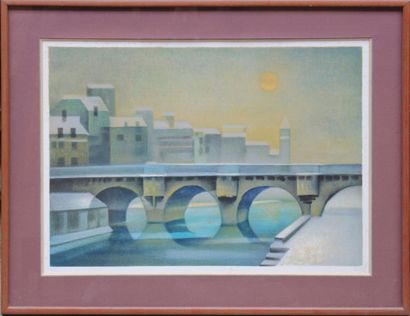 D’après Louis TOFFOLI (1907 - 1999) Pont à trois arches.

Paysage au pont et rizière.

Deux...