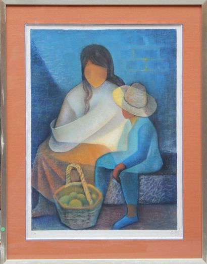 D’après Louis TOFFOLI (1907 - 1999) Femme et enfant au panier de fruits.

Homme assis,...