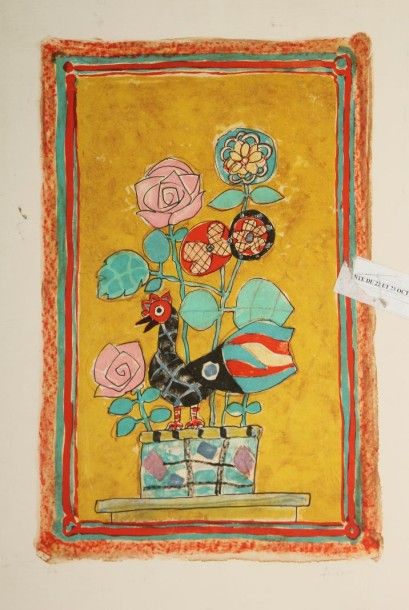 D'après Paul AÏZPIRI (né en 1919) Bouquet de fleurs au coq. Lithographie en couleurs,...