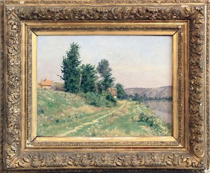Adrien Jacques SAUZAY (1841-1928) Chemin en bord de rivière.

Huile sur toile, signée...
