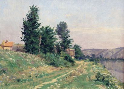 Adrien Jacques SAUZAY (1841-1928) Chemin en bord de rivière.

Huile sur toile, signée...