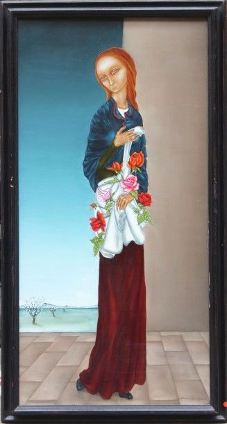 AVON CAMPANA (née en 1927) Femme debout au sac de roses.

Huile sur toile, signée...