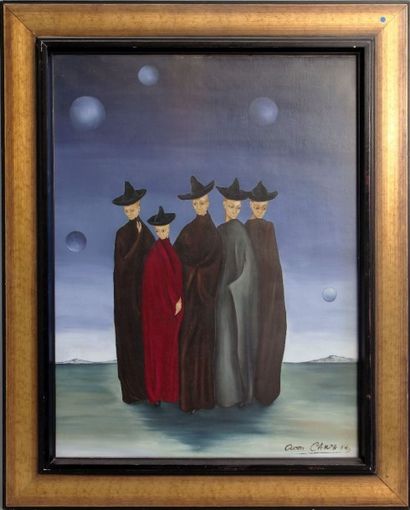 AVON CAMPANA (née en 1927) Les cinq personnages.

Huile sur toile, signée en bas...