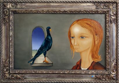 AVON CAMPANA (née en 1927) Portrait à l'oiseau noir.

Huile sur toile, signée en...