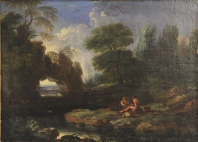 École ROMAINE vers 1720, entourage de Jan Frans van BLOEMEN Bergers dans un paysage...