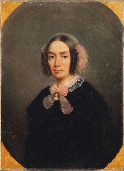 A. ROUSSEL, XIXe siècle 
Portrait de femme au ruban rose
Huile sur toile, signée...