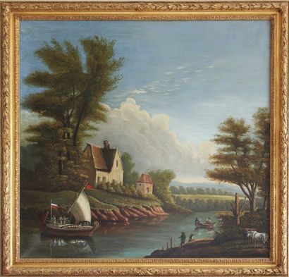 Ecole française dans le goût du XVIIIe siècle 
Barques et maison en bord de rivière
Huile...