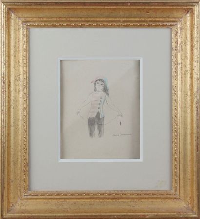 Marie LAURENCIN (1883-1956) 
«Suzanne» en arlequin
Dessin au lavis, crayons de couleurs...
