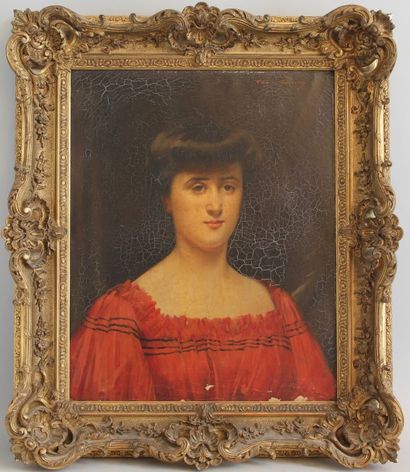 Louise ABBEMA (1858 - 1927) Portrait de femme à la robe rouge.

Huile sur toile,...