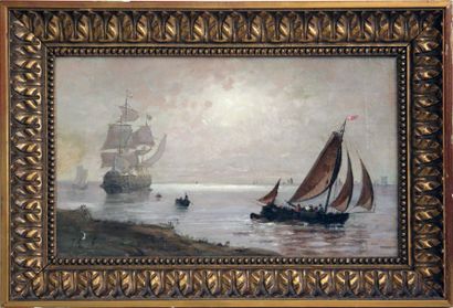Ecole Flamande du XIXème siècle Embarcations et vaisseau. 

Huile sur toile, monogrammée...