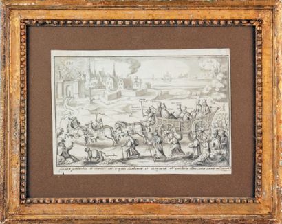 École Française du XVIIe siècle Caricature: les Jésuites chassés
Plume, lavis. Annotations.
Haut.:...