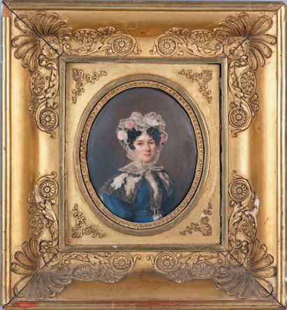 Aurore LECLERC, vers 1830 Portrait d'une femme au fichu
Miniature ovale sur porcelaine,...