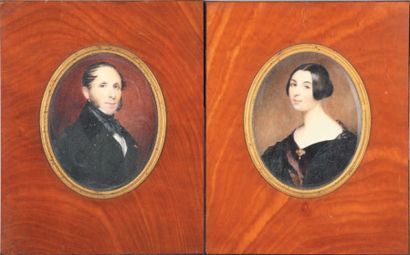 Ecole Francaise vers 1840 Portrait d'homme et de femme
Paire de miniatures ovales...