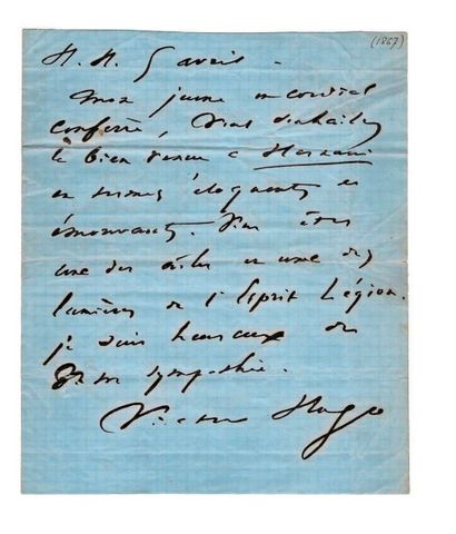 Victor Hugo (1802-1885) L.A.S., H.H. [Hauteville House] 5 avril [1867], à Jules DEMENTHE;...