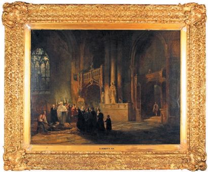 Attribué David ROBERTS (1796-1864) Scène de mise au tombeau à l'intérieur d'une église
Huile...