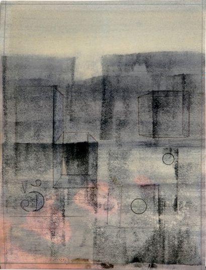 Charles MARQ (1923-2006) 

Composition aux cubes et chiffre 5.

Pastel et crayon...