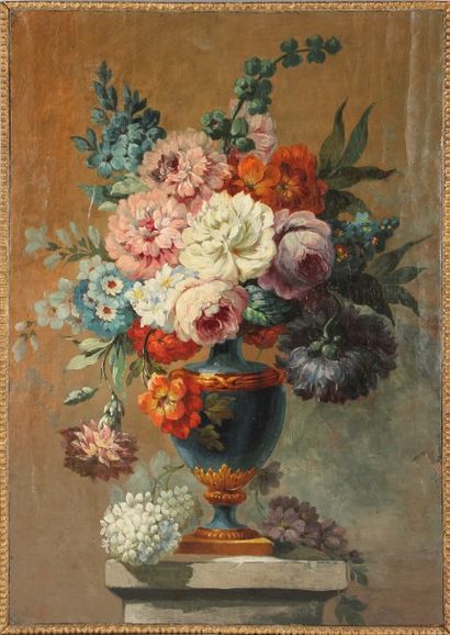 Ecole française de la fin XVIIIéme siécle 

Bouquet fleuri dans un vase sur un entablement.

Huile...