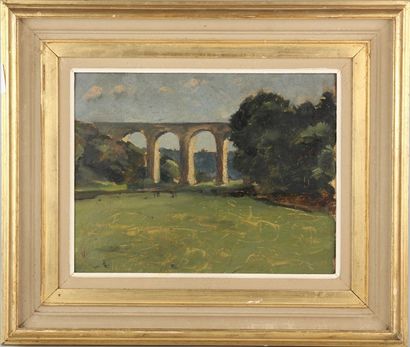 ECOLE FRANCAISE DU XXème siècle 

Paysage au viaduc.

Huile sur panneau.

Haut. :...