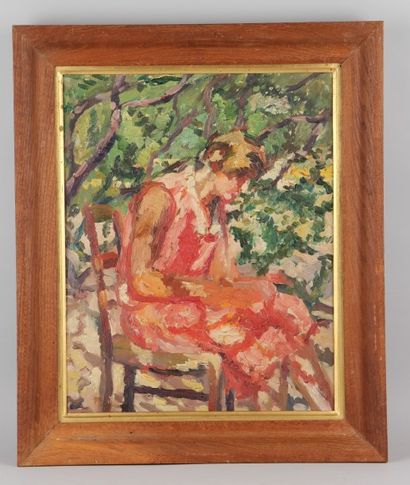 ECOLE FRANCAISE DU XXème siècle 

Femme assise sous un arbre.

Huile sur carton.

Haut....