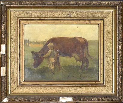 Justine LEFEBVRE (XIXème siècle) Jeune garçon tenant une vache. Huile sur toile,...